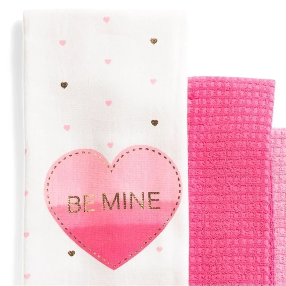 CR Valentine’s Day Pink White Metallic Gold Cotton Tea Kitchen Towels 3 Pack